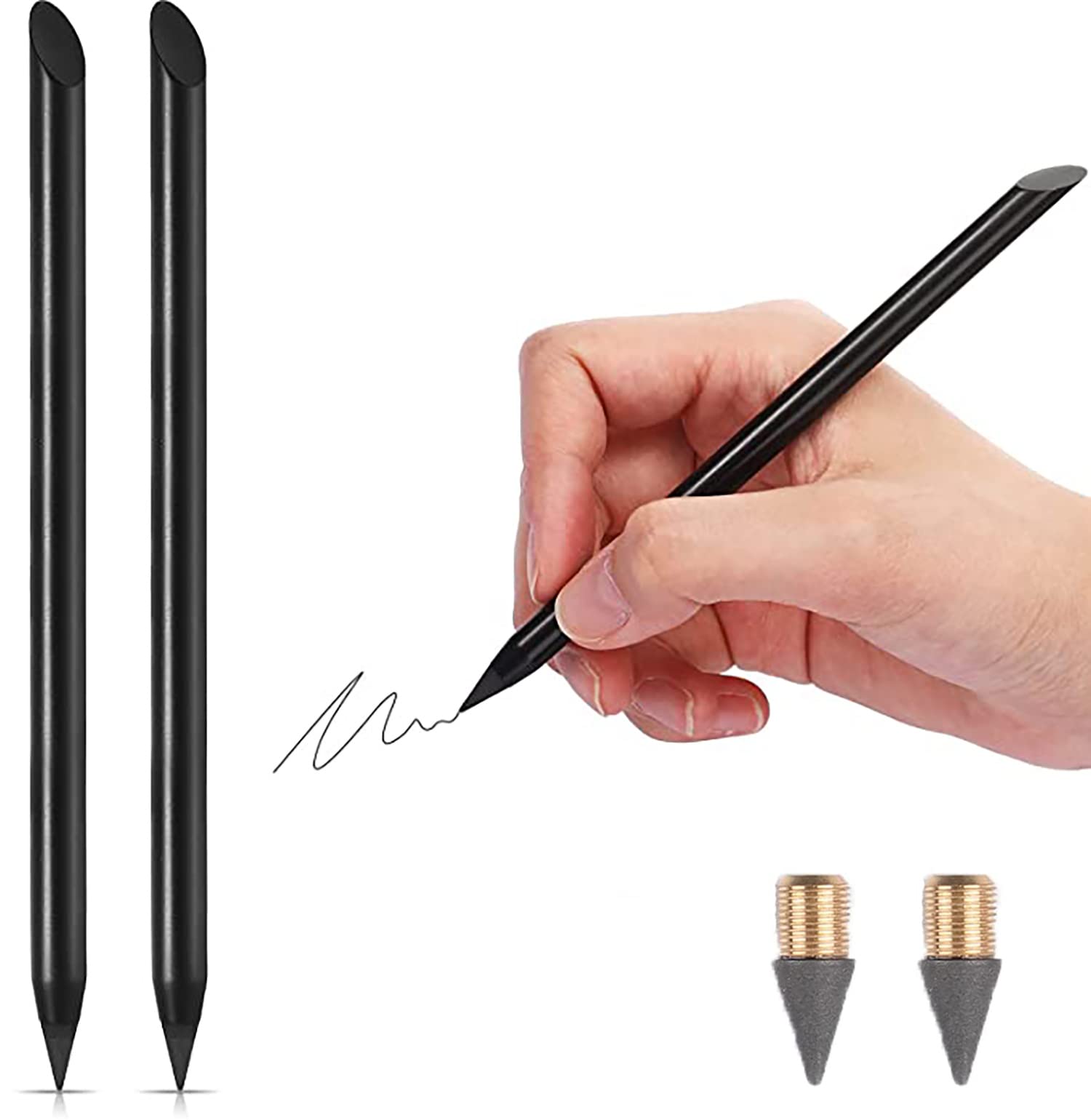 2pcs Metal Inkless Pencil with BONUS 2 Replaceable Nibs, SAMMOO Metal Inkless Pen Erasable Pen Metallic Pencil Reusable Everlasting Pencil for Writing Drawing Office School Supplies (Black + Black)