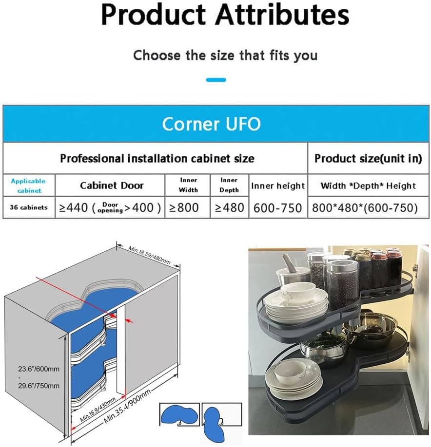 Corner Cabinet Kitchen Pull Out Kitchen Cabinet Suitable for 900mm Cabinet, Kitchen Corner Cabinet Swivel Rack Height Adjustable Silent Locking System(Left)