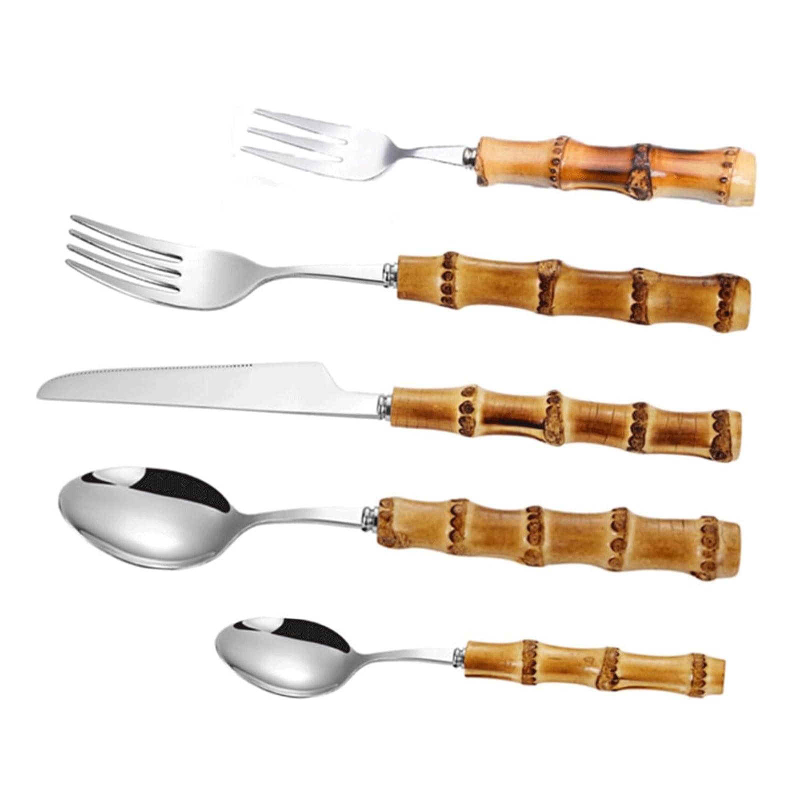 Ensemble d'argenterie 5 pièces Couteau Fourchette cuillère Ensemble de Couverts en Acier Inoxydable Miroir Poli fourchettes à dîner Manche en Bambou Ensemble de Couverts