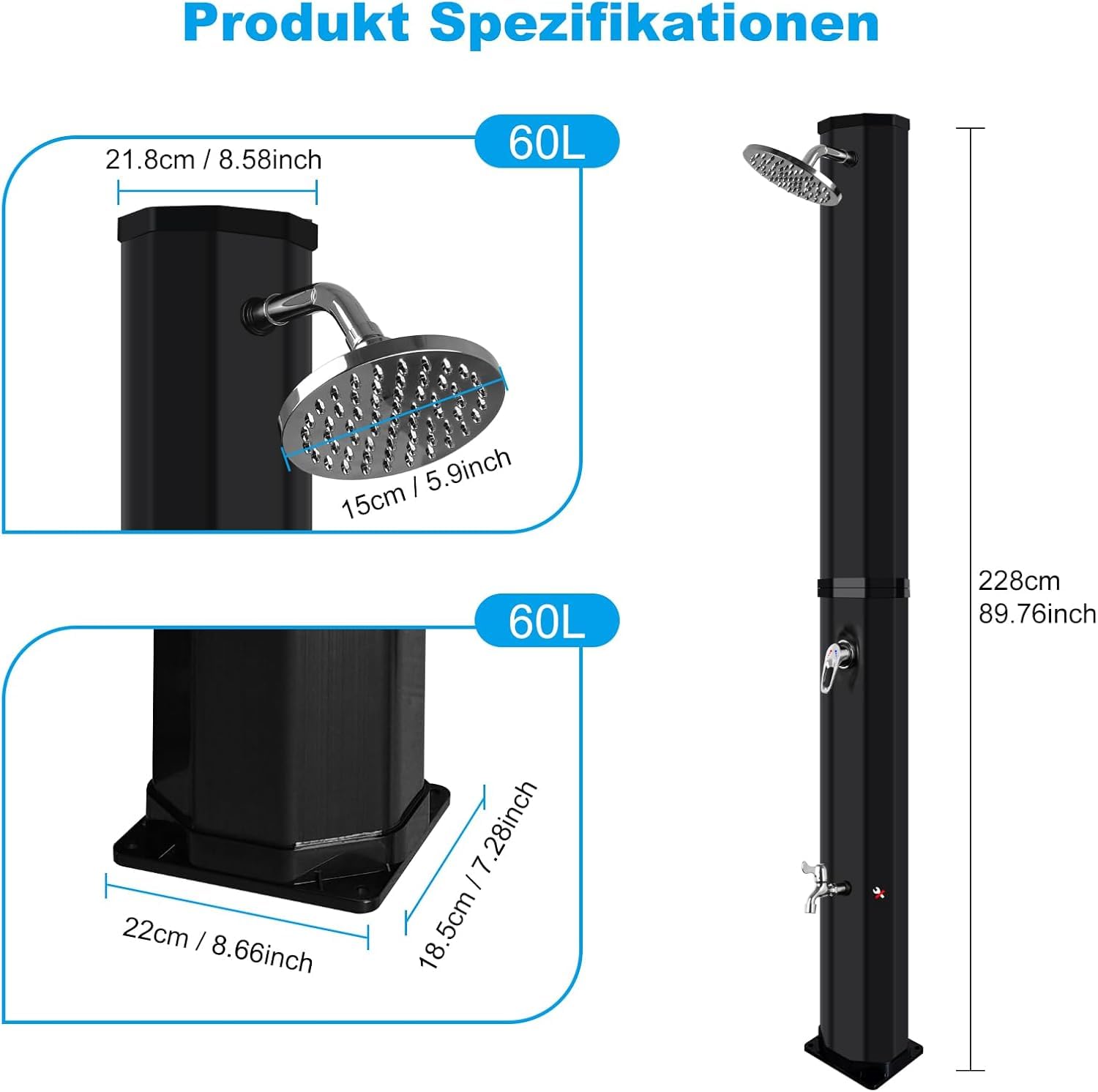 Solar Gartendusche 60 Liter Solardusche mit Drehbarem Duschkopf, Fußarmatur und Abdeckhaube, Einstellbares Warm und Kaltwasser, Maximal 60°C, Aussendusche Solar Dusche für Garten Pool Camping