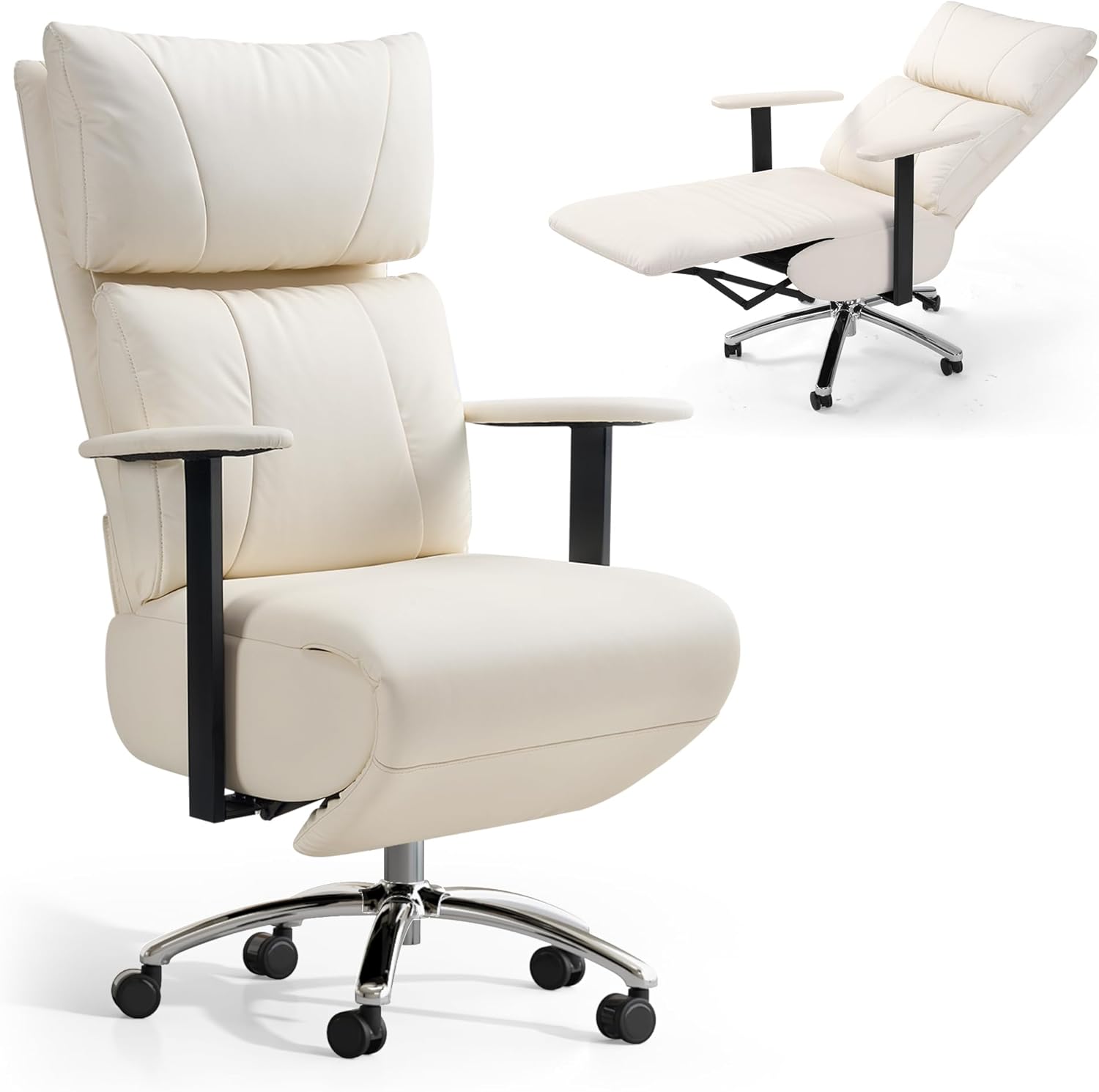 OKUP M30 170° Reclining Office Chair with Footrest and Adjustable Headrest, Leather Executive Office Chair, Near-Flat Nap Desk Chair with Sofa-Like Cushion, High Back Chair for Home Office, Cream