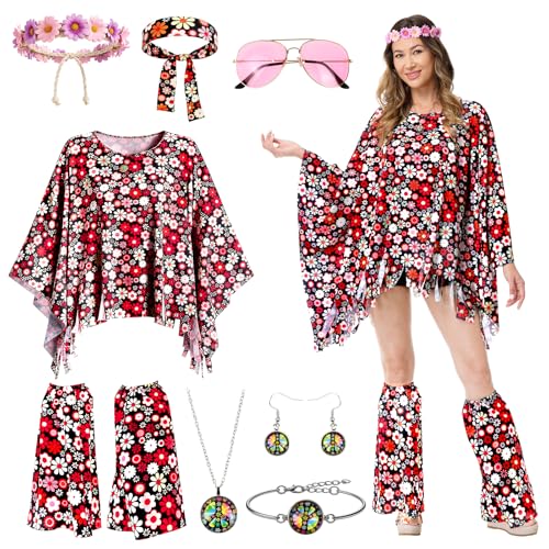 PATEMZON Costume Hippie pour Femme, Lot de 8 Ponchos Déguisement Hippie Femme avec Lunettes de Soleil, 2 Bandeaux, Boucles D'oreilles, Costume de Carnaval annee 70 pour Disco, Anniversaire, Fête