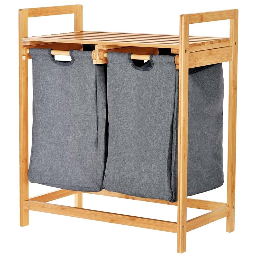 Bakaji Cesto Biancheria Sporca in Bambu Doppia Cesta in Tessuto Grigio, Portabiancheria da Casa, Bagno Con 2 Scomparti, Contenitore Salvaspazio Antiodore (74 x 64 x 33 cm)