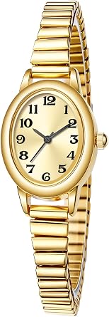 Womens Small Gold Tone Watch Arabic Numerals 2 Sizes S/L 3ATM Waterproof Stretch Band Gift Box, gold, Fashion