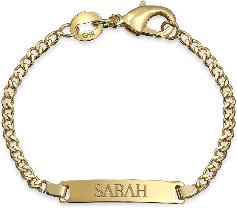 Bling Jewelry Personalized 18K Gold Plated Brass Tiny Identification Tag ID Bracelet Lightweight For Small Wrists 5 Inch Custom Engraved