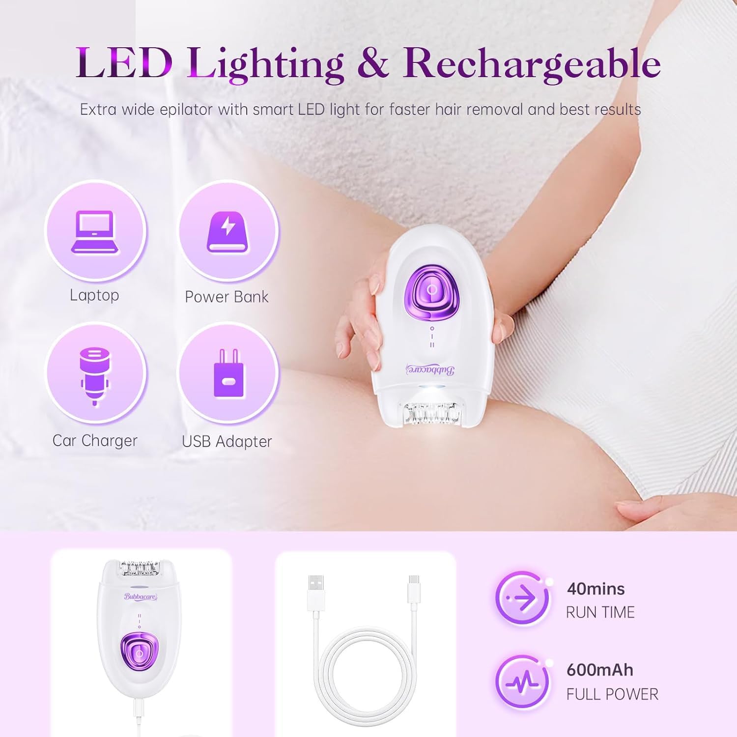 Epilatore per donne, dispositivo di depilazione facciale senza fili, con testina e rasoio, epilatori a scorrimento liscio, 2 velocità e 36 pinzette per viso, gambe, braccia, ascelle bikini