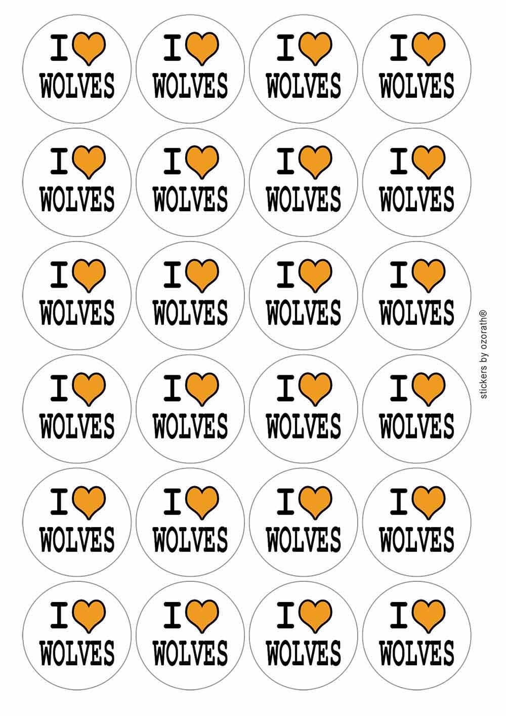 I Heart Love Wolves Circular Matt Paper Stickers A4 Sheet of 24 (Each Sticker is 45mm Diameter)