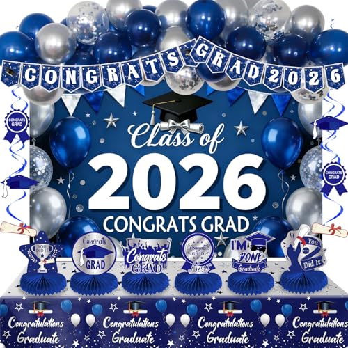 2026 Graduation Decorations Blue and Silver, Graduation Party Decorations with Congrats Grad Banner Class of 2026 Backdrop Balloons Honeycomb Centerpiece Tablecloth Hanging Swirls for College Nurse