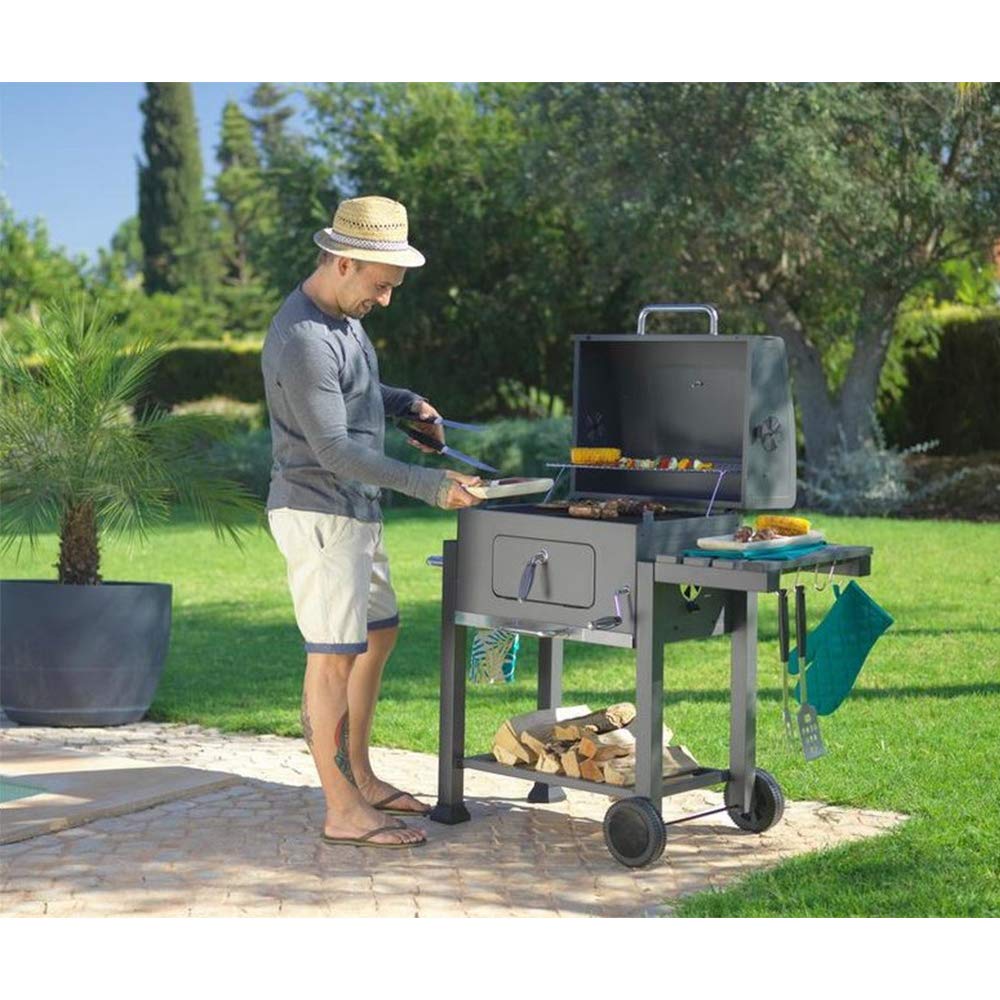 Grill na węgiel drzewny XXL, z pokrywką, kółkami, uchwyt ze stali nierdzewnej, ruszt do grillowania i termometr, grill na węgiel drzewny, na kemping, taras, do ogrodu (107 x 115 x 68 cm)