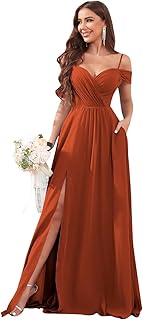 Women's Off Shoulder Bridesmaid Dresses Long Slit Chiffon Ruched Evening Formal Dress with Pockets