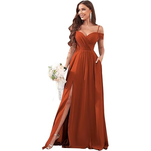 Sukleet Women's Off Shoulder Bridesmaid Dresses Long Slit Chiffon Ruched Evening Formal Dress with Pockets