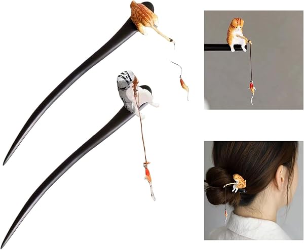 1 pic à cheveux en bois fabriqué à la main avec chats de pêche élégants chinois, accessoire de coiffure pour femme, accessoire de coiffure quotidien pour femme - 2