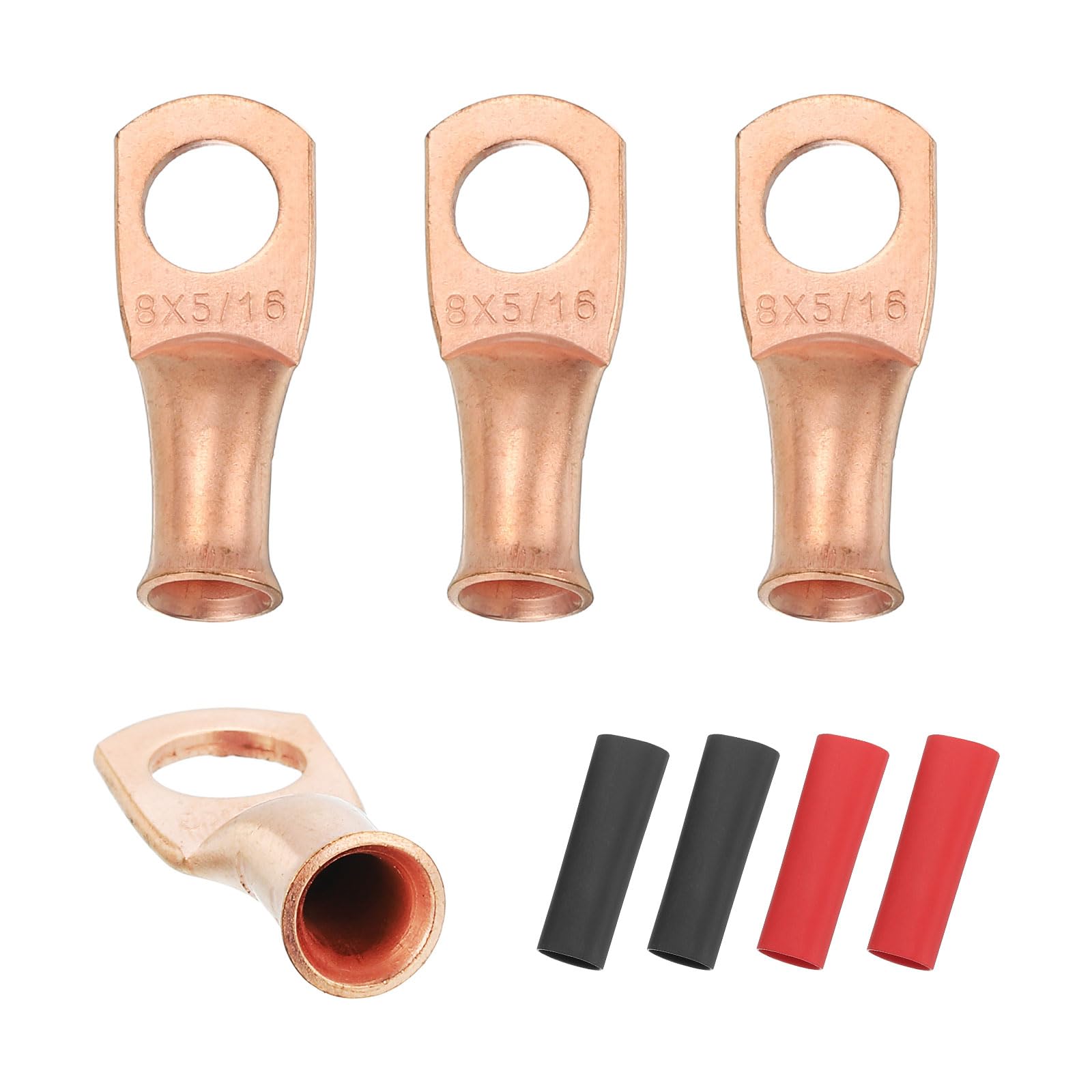 sourcing map 4pcs 8 AWG M8 Battery Lugs Ring Terminals, 5/16" 8mm Stud Crimp Wire Terminal Connector End Copper, 2:1 Heat Shrink Tubing, Gold