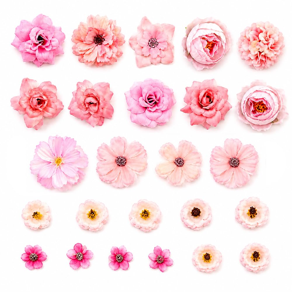 lunictto 25pcs Artificial Pink Flower Heads for Crafts Mixed Fake Silk Roses Daisies & Stemless Faux Floral Decorations for DIY Wedding Bouquets Party Centerpieces Bridal Hats (02)