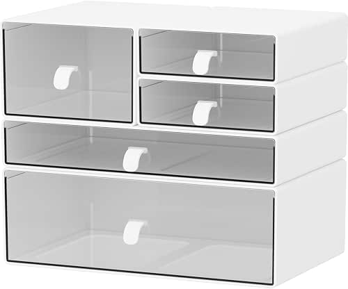 Desk Organizer Set, White & Clear Stackable Dustproof Storage Boxes