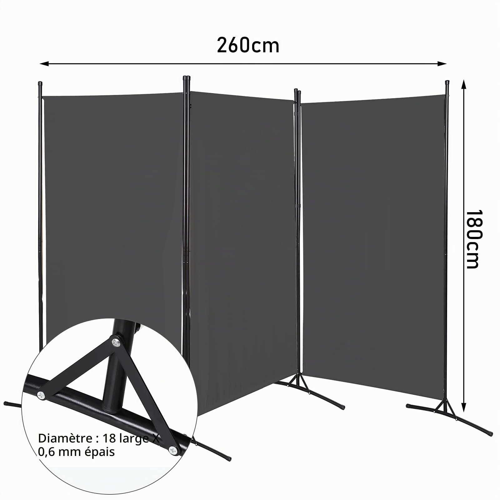 Ikodm Paravent 3 pièces 260 x 180 cm, cloison de séparation de balcon, paroi de séparation pliable, pour extérieur, bureaux, balcon, anthracite