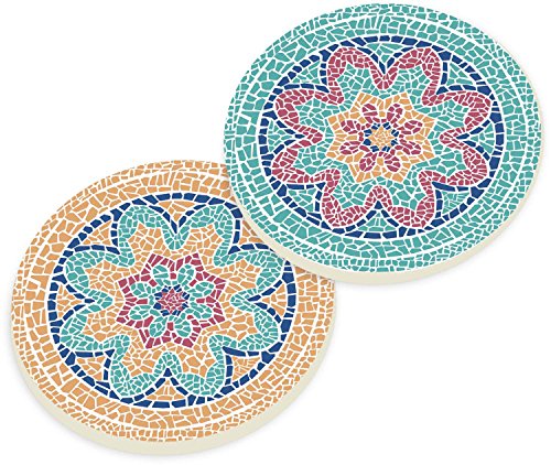 Mosaic Pattern Floral Multicolor Ceramic Car Coaster Pack (Set of 2)