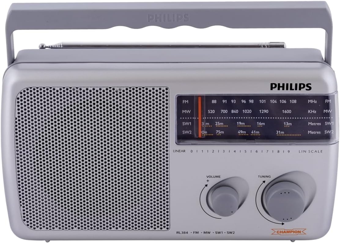 Philips Portable Radio RL384/94 with MW, SW & FM Band, 500mW RMS Sound Output, Telescopic Antenna, 4-Inch Loudspeaker, Powered by 3xR20 (4.5V DC) External DC Socket