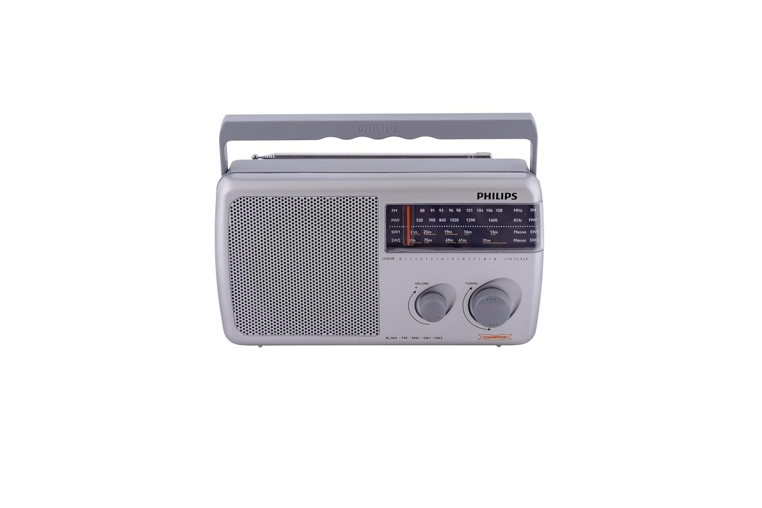 Philips Portable Radio RL384/94 with MW, SW & FM Band, 500mW RMS Sound Output, Telescopic Antenna, 4-Inch Loudspeaker, Powered by 3xR20 (4.5V DC) External DC Socket Philips Portable Radio RL384/94 with MW, SW & FM Band, 500mW RMS Sound Output, Telescopic Antenna, 4-Inch Loudspeaker, Powered by 3xR20 (4.5V DC) External DC Socket