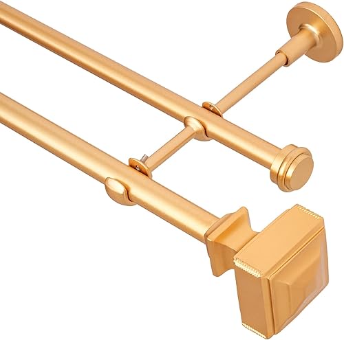 Barra de cortina doble con remates cuadrados, diámetro de 34 pulgadas, ajusta la longitud de la barra de 48 a 84 pulgadas, color dorado