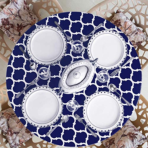 Home One Round Fitted Vinyl Tablecloth with Elastic Edge and Flannel Backing, Waterproof and Wipeable Round Table Cover for Indoor Outdoor Patio (Blue,Navy, Medium 35'-42')