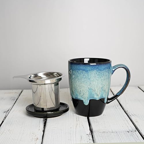 Miniatura 6 de Bosmarlin Taza de té de cerámica con infusor y tapa, 13.5 onzas, taza de té de hojas sueltas con colador, apta para microondas y lavavajillas,