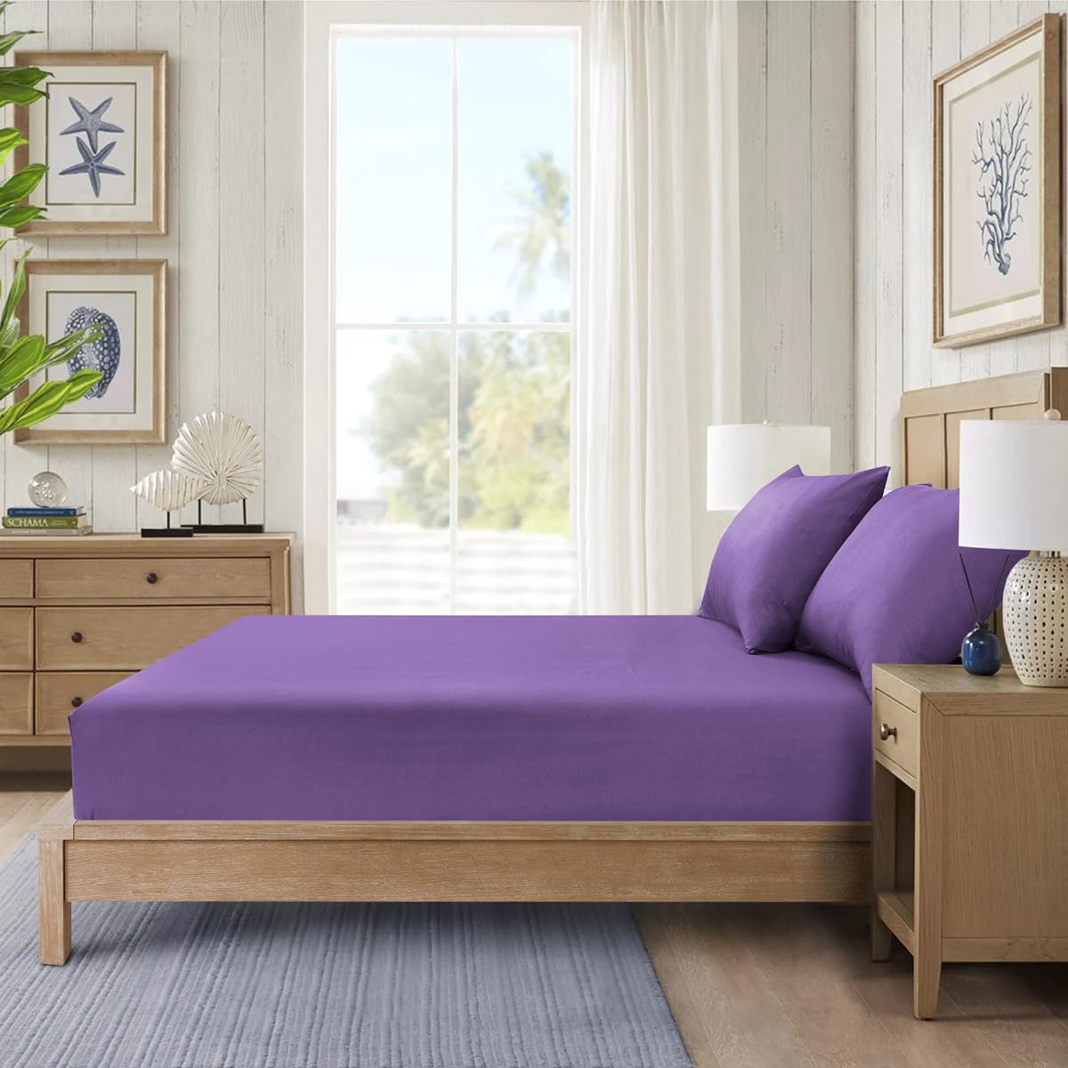 CHARKHAH Polycotton Fitted Sheet for Single Double King Super King Bed Anti Wrinkle Plain Bedding 25 cm Extra Deep Fitted Sheets Cover with Elastic Edges (Purple, 40CM-King)