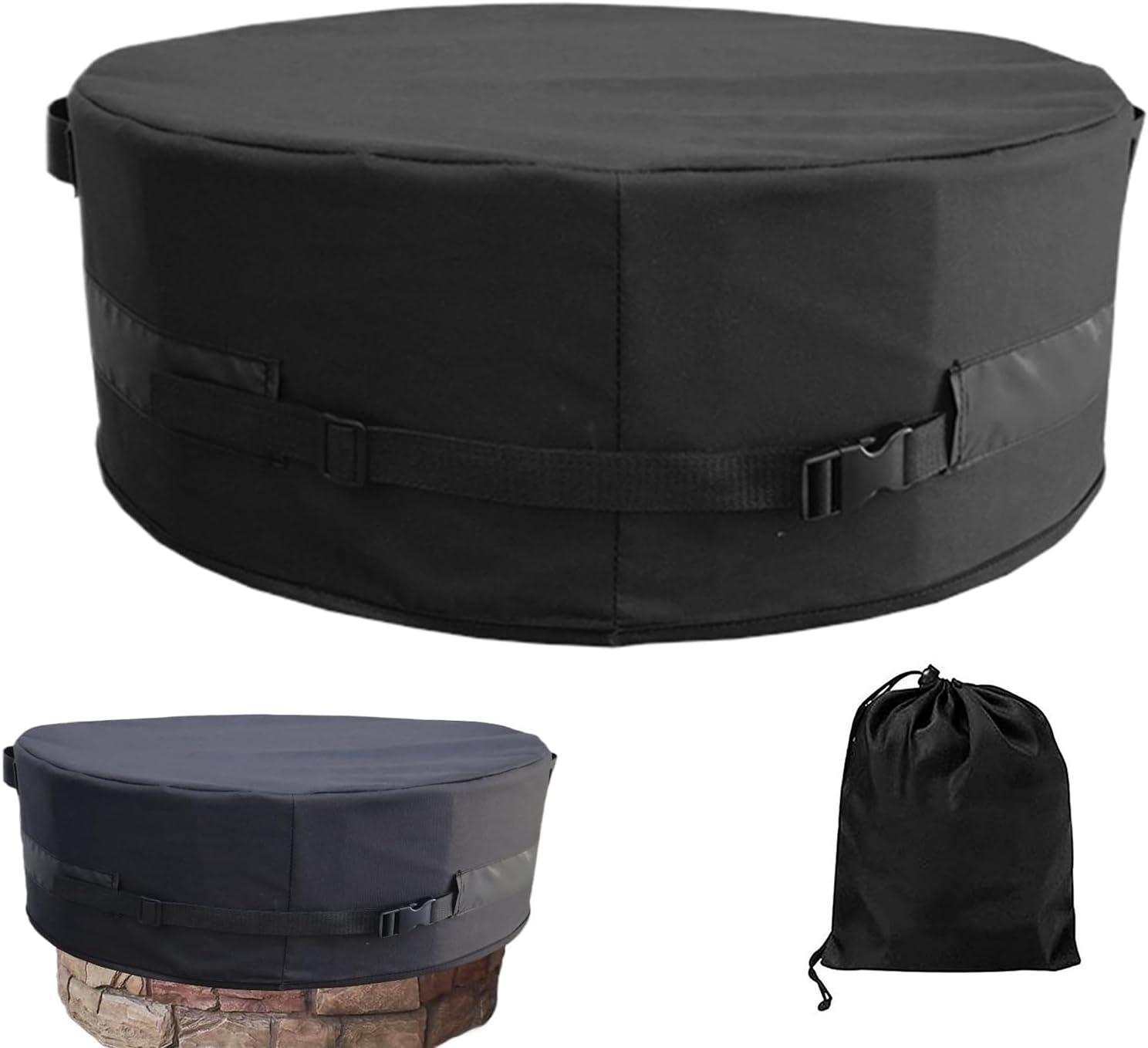 Round Fire Pit Cover - 600D Oxford Adjustable Windproof Dustproof | Outdoor Patio Fireplace Cover - for Yard Patio Balcony Lawn Grassland Porch