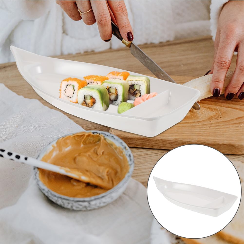 UPKOCH White Melamine Sushi Plate Boat Shaped Serving Tray with Built-in Sauce Divider for Sashimi Appetizer Chip and Dip