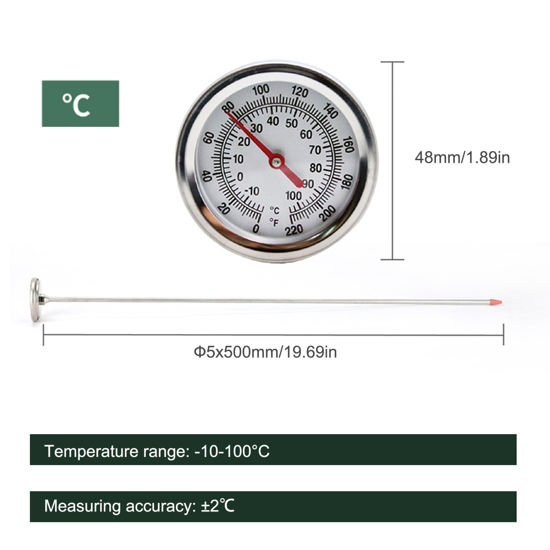 Termómetro de compost, termómetro de tierra de acero inoxidable de 2 pulgadas portátil de 2 pulgadas con vástago de 20 para tierra, compost, jardín.