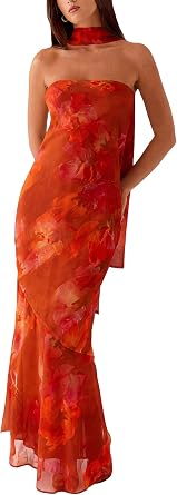 Womens Strapless Floral Dresses with Scarf Mesh Tube Maxi Dress Spring Summer Wedding Guest Cocktail Beach Party