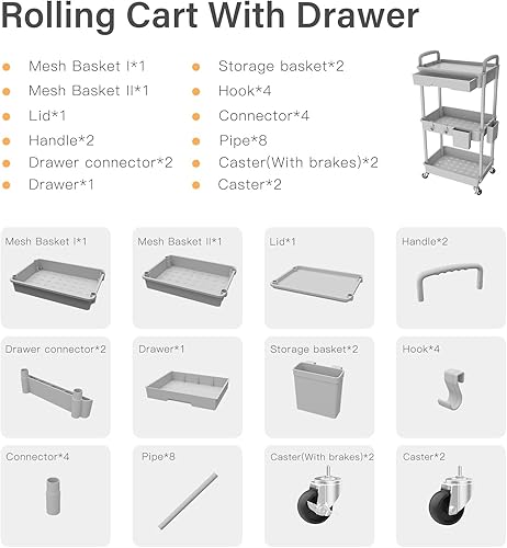 Miniatura 91 de REBECAT - Carrito utilitario de 3 niveles con cajón, hecho de organizador de almacenamiento multifuncional para cocina, baño, sala de estar, oficina