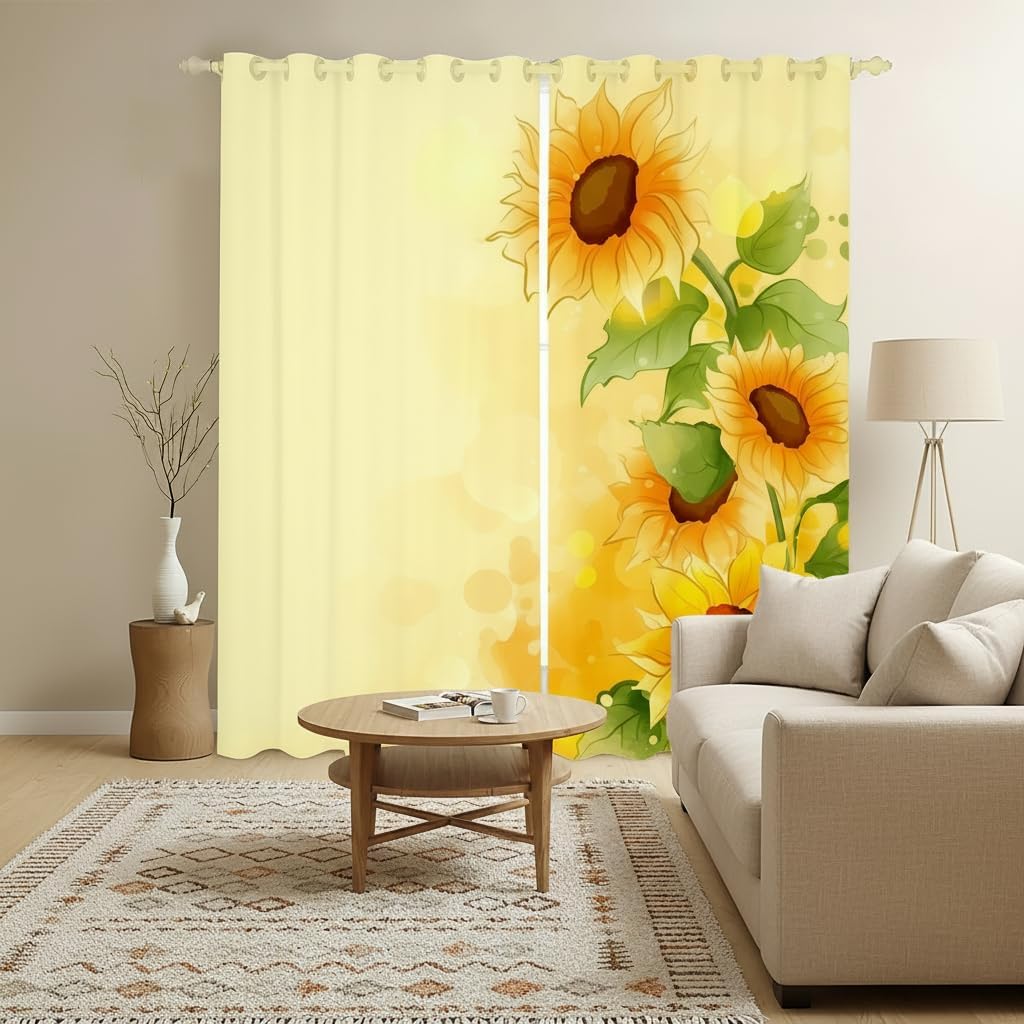 Sunflower Blackout Curtains Yellow Sunflowers Painting Kids Girls Window Curtains Plant Floral Living Room Bedroom Kitchen Blackout Curtains Natural Garden Bloom Theme Window Drapes, 76"X54"