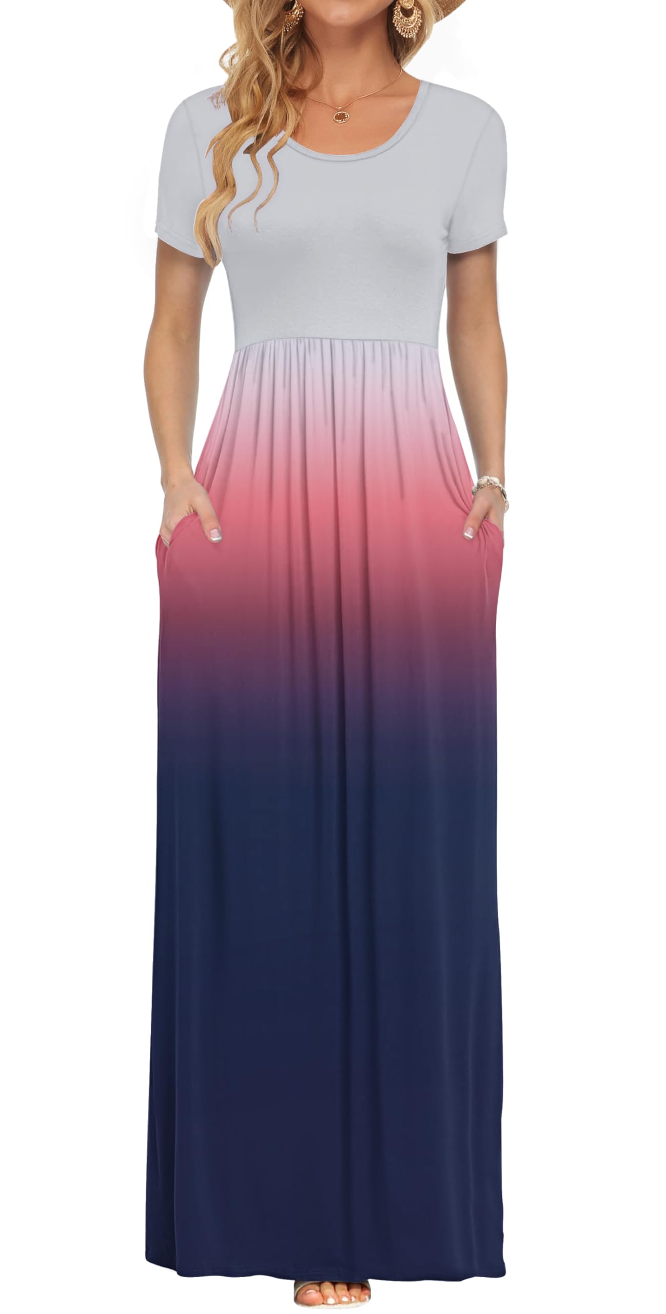 AUSELILY Women's Summer Short Sleeve Loose Plain Casual Long Maxi Dresses | Year Round wear solid floral print, Casual wear, Empire waist, Floor length, Side pockets
