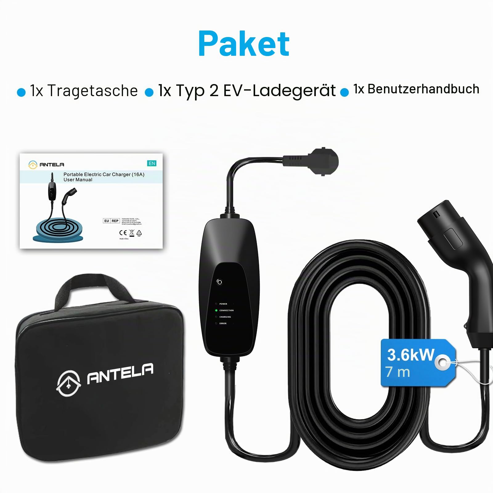 ANTELA Typ 2 Ladekabel Schuko 3,6kW/7M/16A Tragbares EV Ladegerät | Ladekabel Elektroauto Typ 2 Schuko, 8A/10A/13A/16A Schaltbare Ladebox für Elektrofahrzeug/EV/PHEV IEC 62196-2