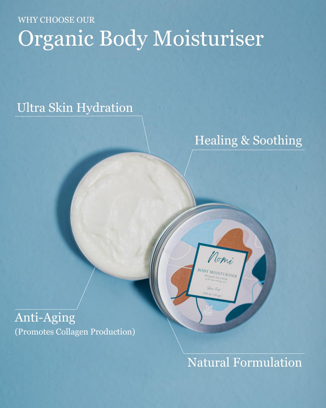 Nomi Body Moisturiser - Organic Whipped Shea Butter, Avocado & Almond Oil, Vitamin E - Vegan Whipped Body Butter (100 ml, Vanilla) - Image 2