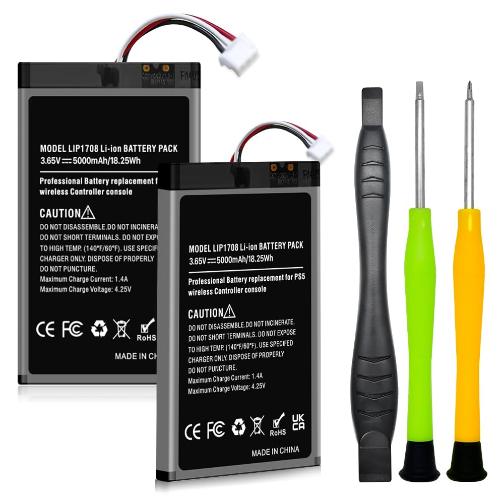 2 Pack PS5 Controller Batteria, 5000mAh Sostituzione LIP1708 Batteria per PS5 Playstation 5 DualSense CFI-ZCT1W Controller