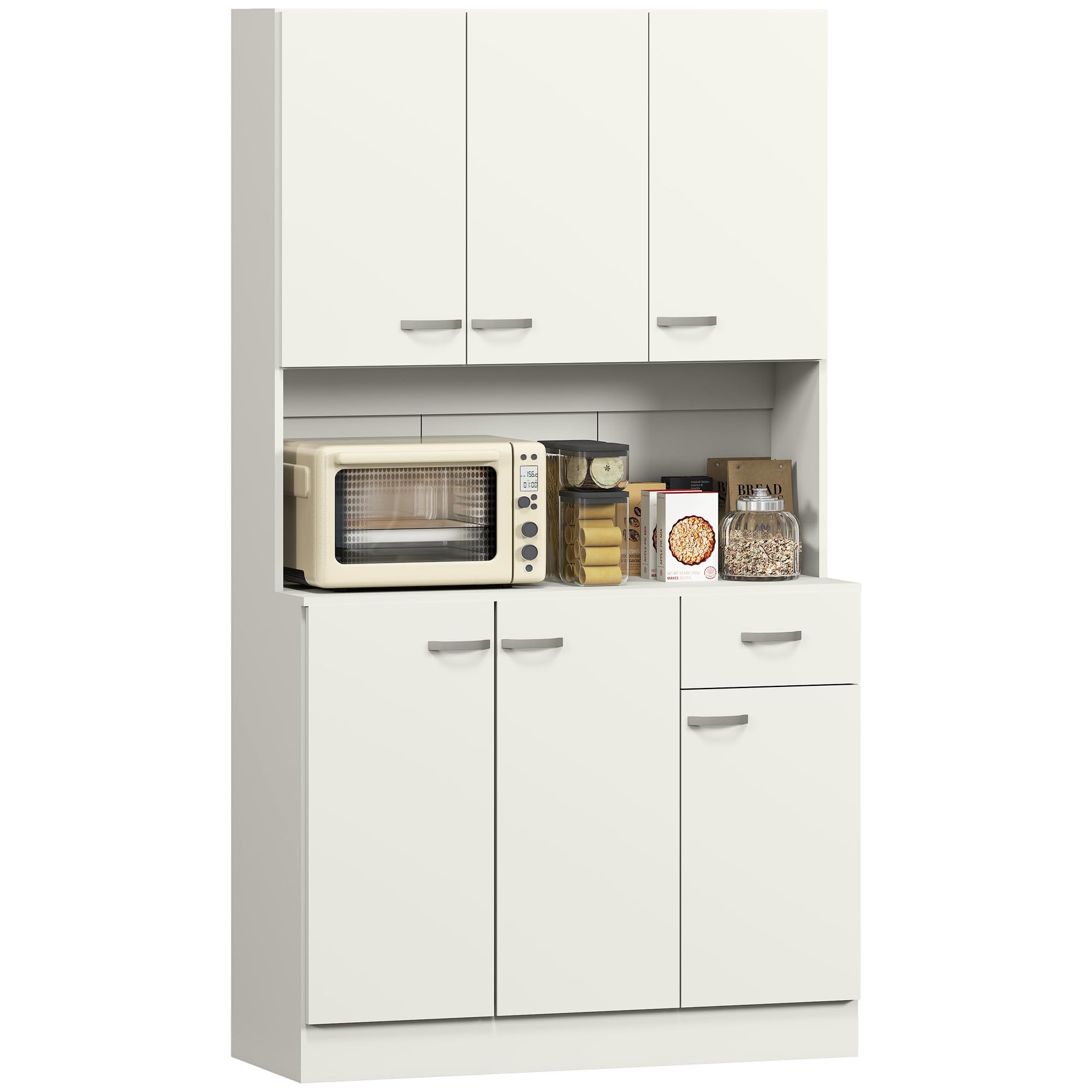 180cm Tall Kitchen Cupboard, Freestanding Kitchen Storage Cabinet with 6 Doors, Drawer, Adjustable Shelves and Open Countertop for Dining Room, Cream White