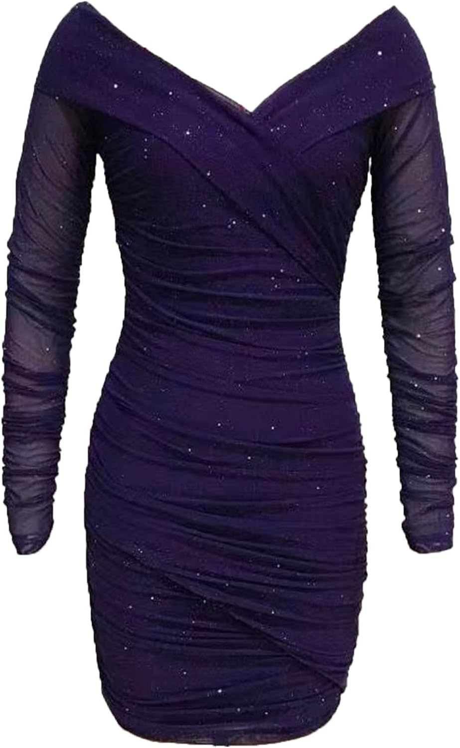 Generic Women'S Sexy Elegant Ruffle Dress Fall Long Sleeve Off Shoulder Ruched Club Party Mini Dress Stretchy Bodycon Dress