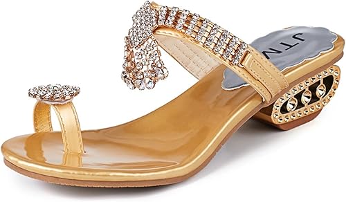 Sandalias de tacón bajo para mujer, sandalias de playa con tacón de bloque de diamantes brillantes para verano, sandalias de soporte de arco.