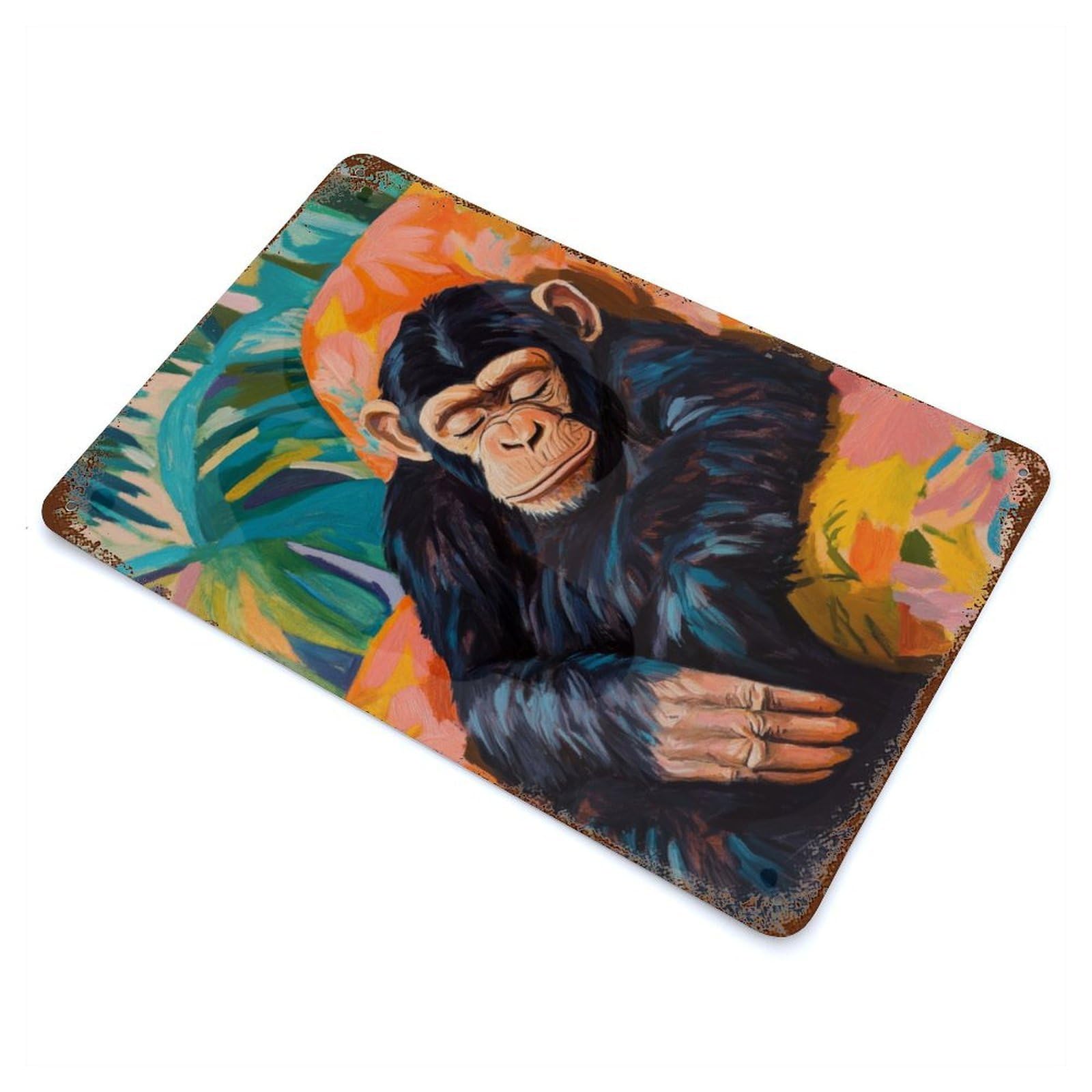 Rusty Metal Tin Sign Chimpanzee Napping 11.8"x7.9", Industrial Home Decor for Patio, Garden Room And Bar Decor