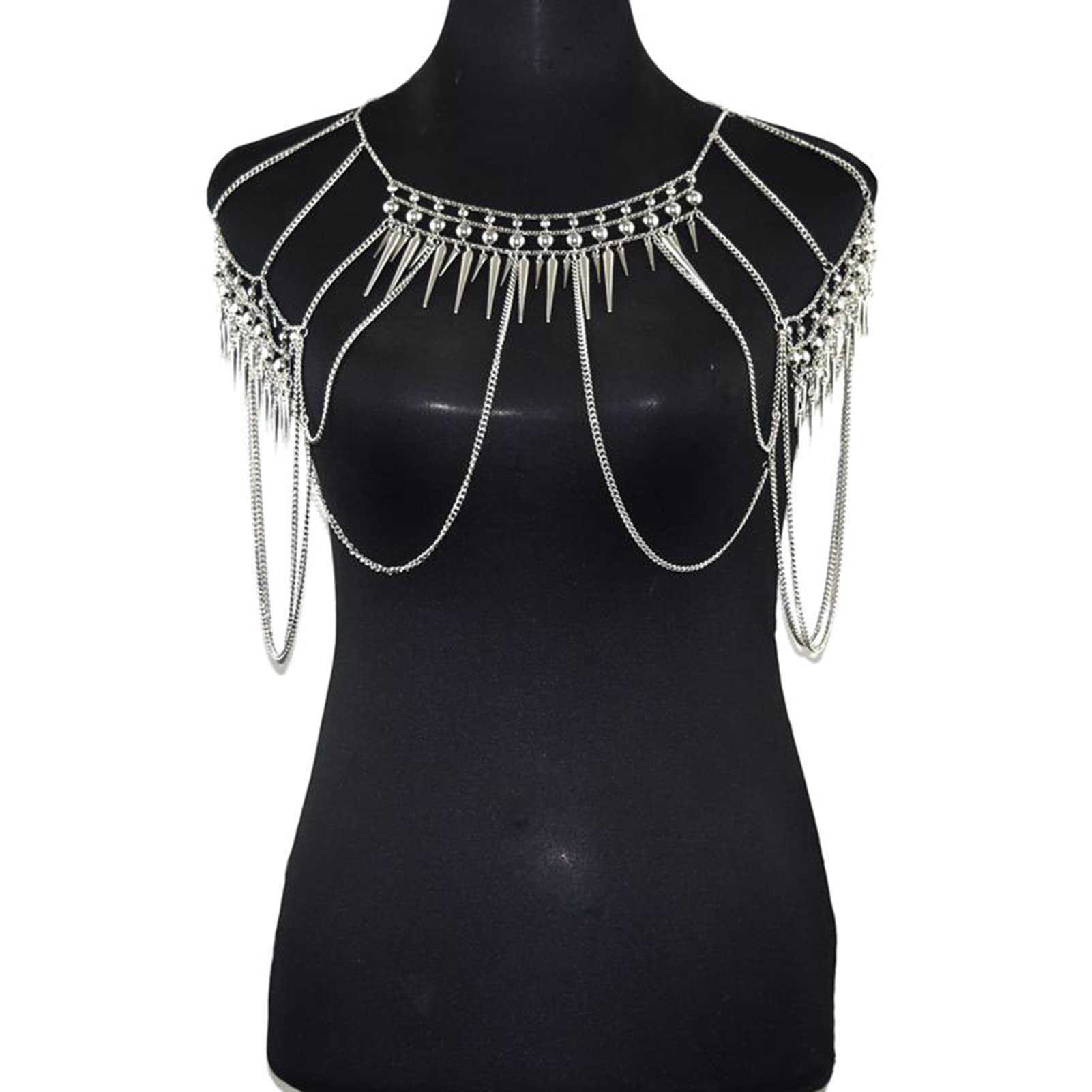 RWRAPS Schulterkette Schal Sexy mehrschichtige Schulterkette Halskette Körperkette Hals Schulter BH Top Pullover Kette Hochzeitskleid für Damen Geburtstagsgeschenke, Gold (Silber)
