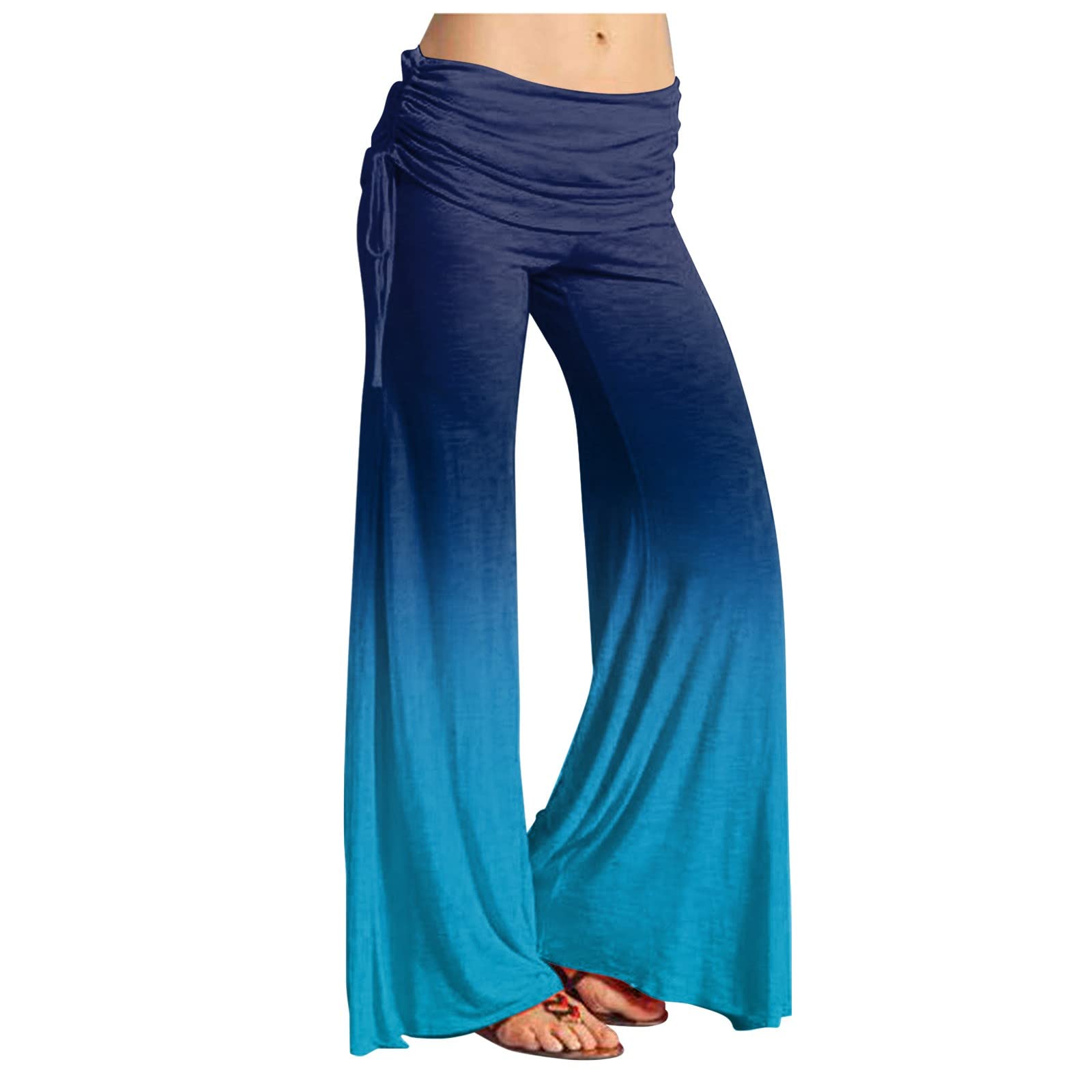 Womens Summer Vintage Print Wide Leg Pants Casual Flared Drawstring Trousers Elastic High Waist Palazzo Pants