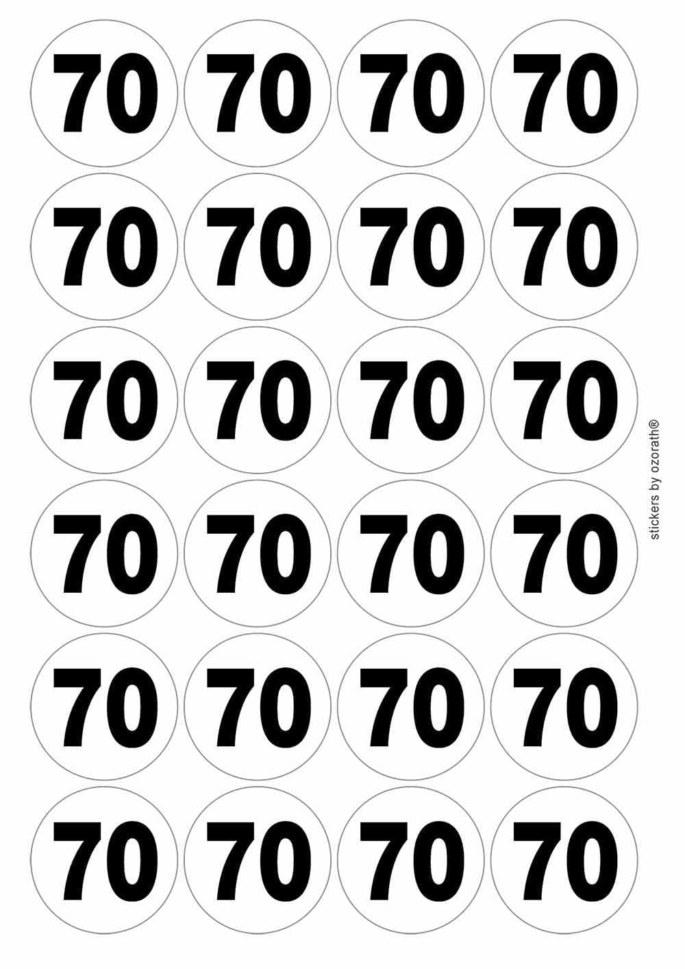 Plain Number 70 Seventy Circular Matt Paper Stickers A4 Sheet of 24 (Each Sticker is 45mm Diameter)
