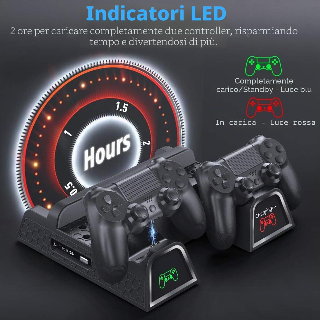 OIVO PS4 Supporto Verticale con Ventola di Raffreddamento, Stazione di Ricarica per Dual Controller con Indicatori LED e Conservazione per 12 Giochi per PS4 /Slim/PRO