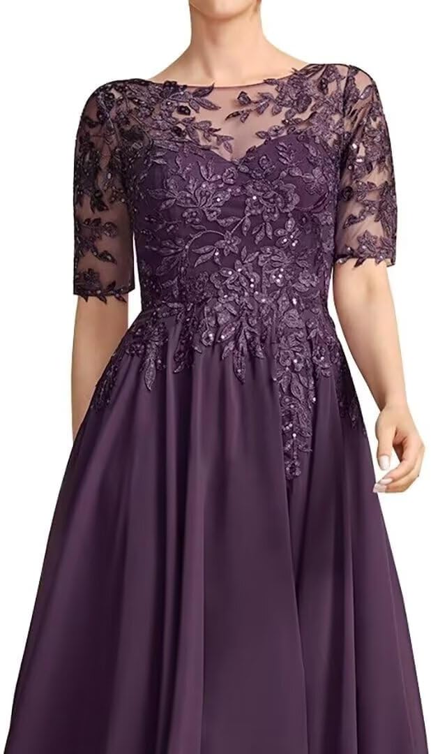 Mother of The Bride Dresses for Wedding Lace Appliques Chiffon Short Sleeve Mother of The Groom Dress Ankle Length He6017