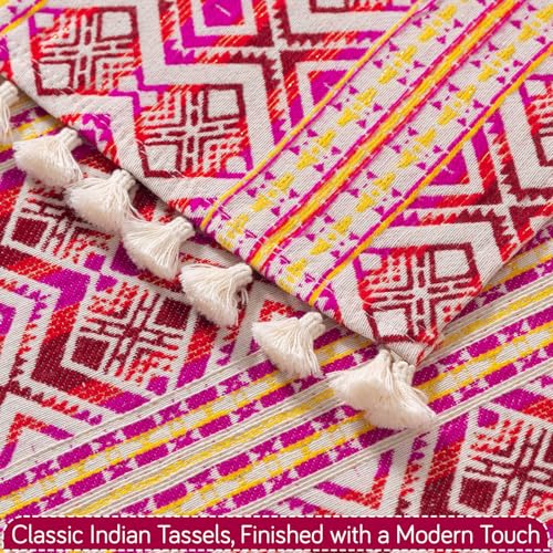 Image of HOKIPO L Shape (2+2 Seater) Sofa Cover Seat Mat | 300 GSM Cotton Acrylic Jacquard Fabric with Tassel, 'Trivana Series' Cherry Red (IN-934+935-J8)
