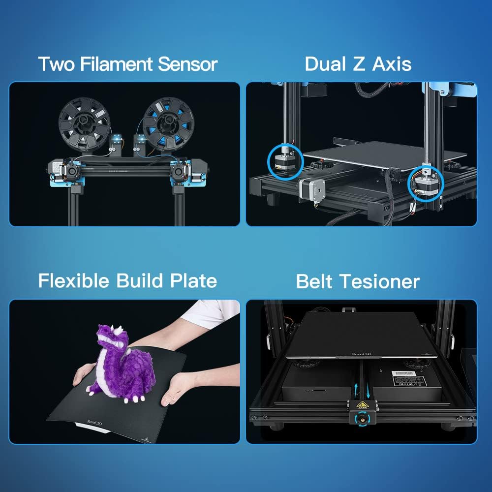 Image showing two filament sensors, dual Z-axis screws, flexible build plate, and belt tensioner components of the Sovol SV04 3D printer.