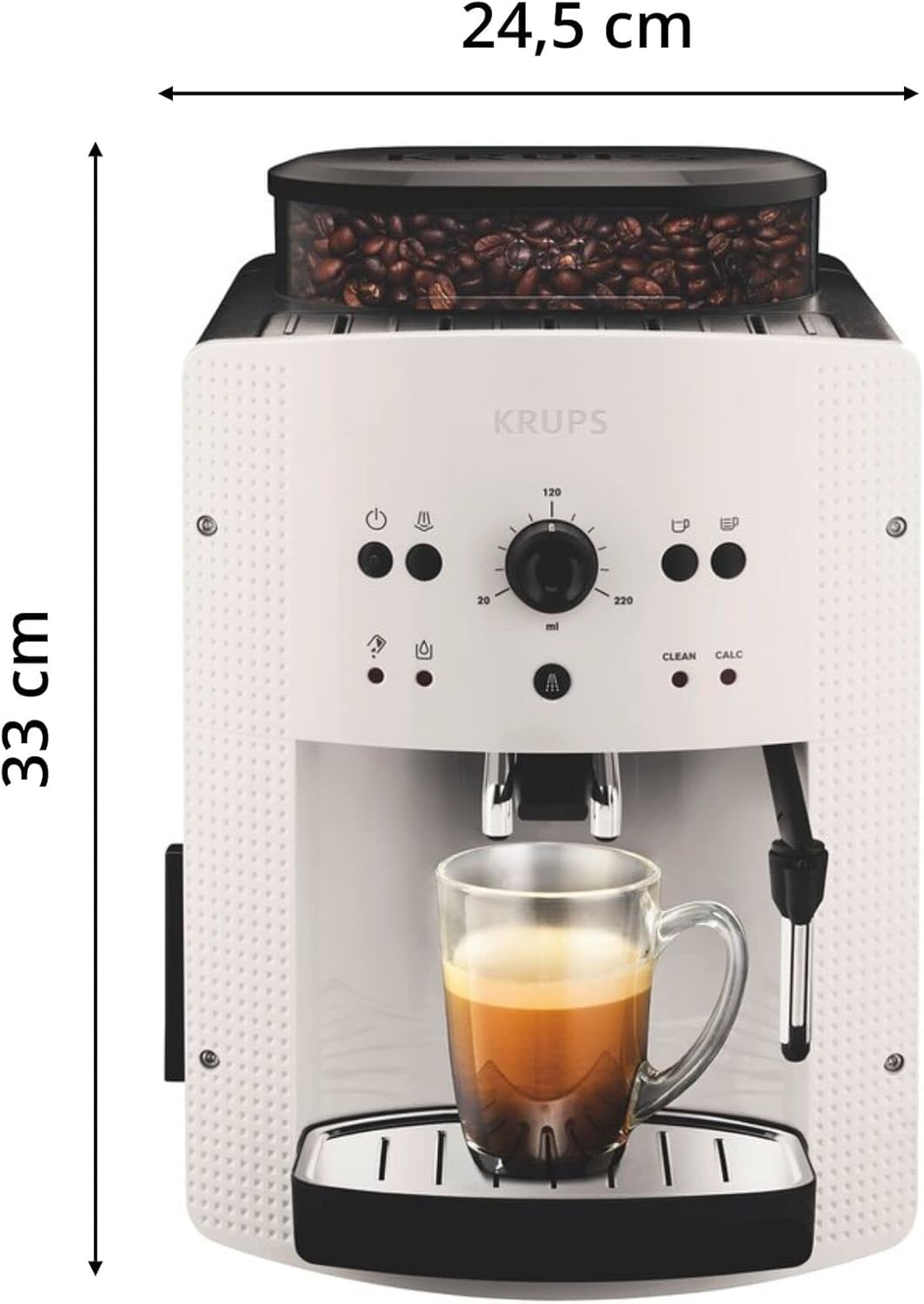 Krups Roma, Cafetera superautomática, Depósito de agua 1,6 L, 3 niveles de temperatura, 3 niveles de intensidad, 15 bares, Molinillo cónico de metal, Panel de control fácil, Blanca, EA8105