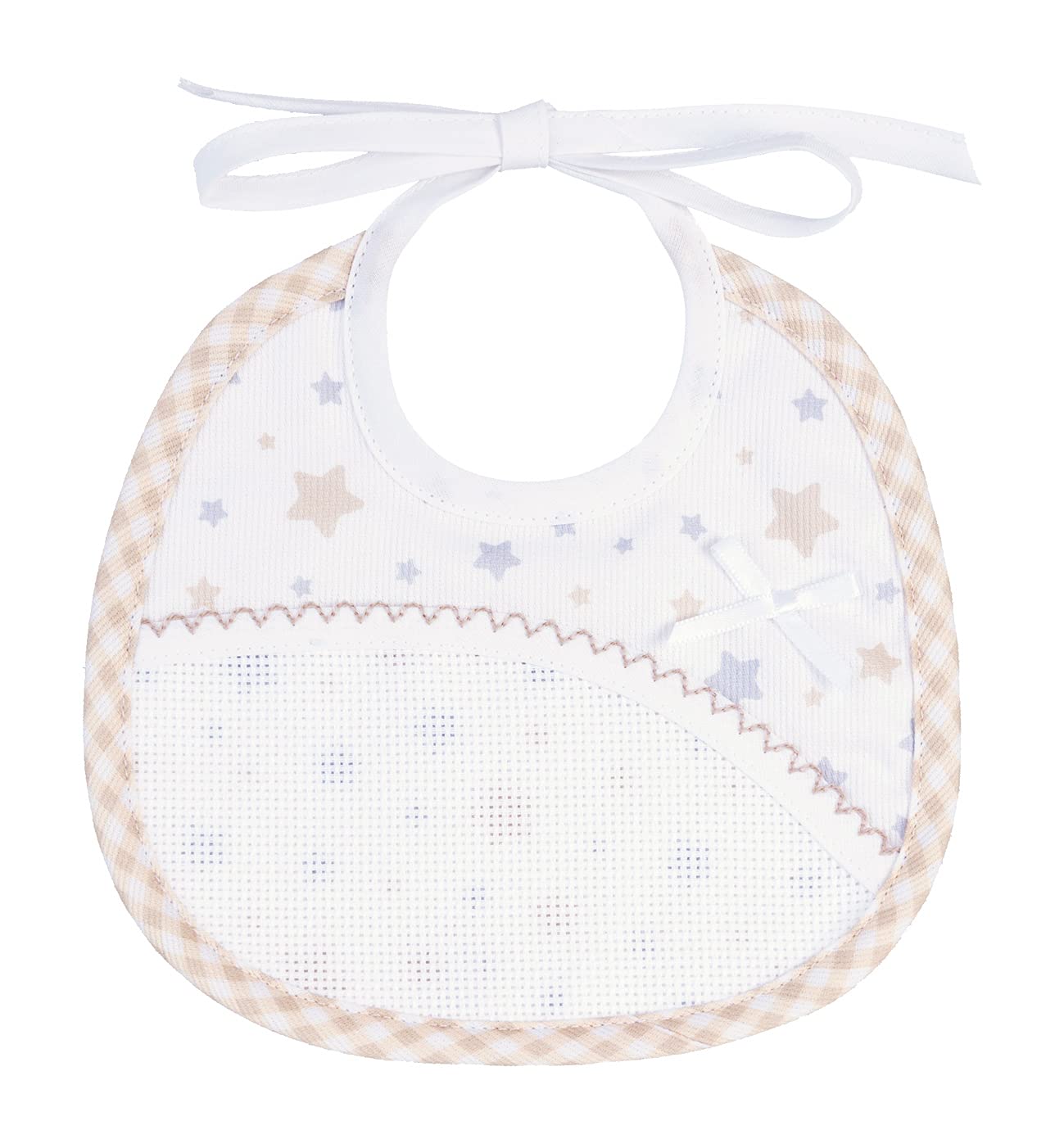 FILET - AM2232T - Small Bib in Piquet Cotton Printed Stars with Pocket in Aida Canvas for Embroidery, Taupe Color, One Size
